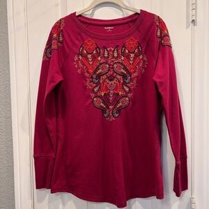 RuffHewn Womens Embroidered Paisley Sweatshirt Berry Pink Boho Top Small